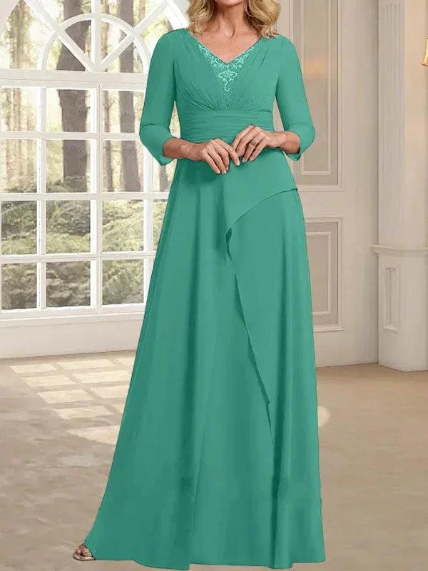 A-line V-Neck Floor-Length Chiffon Mother of the Bride Dress With Pleated Beading by Dreamylily