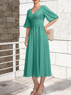A-line V-Neck Tea-Length Lace Chiffon Mother of the Bride Dress With Pleated by Dreamylily