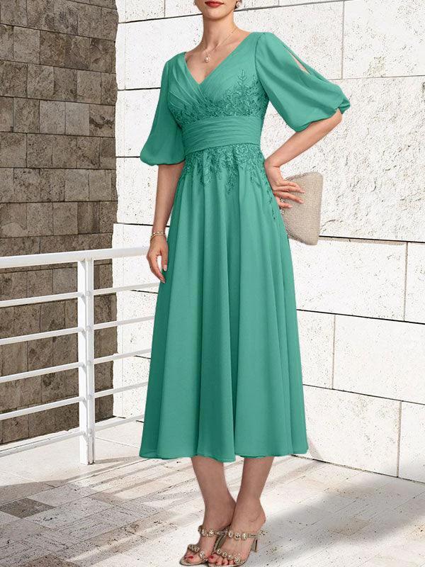 A-line V-Neck Tea-Length Lace Chiffon Mother of the Bride Dress With Pleated by Dreamylily