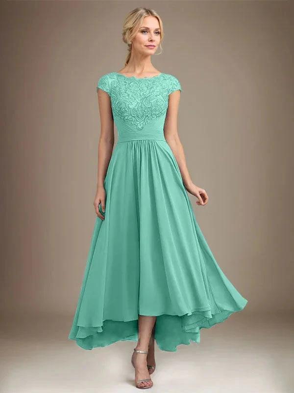 A-line Scoop Illusion Asymmetrical Lace Chiffon Mother of the Bride Dress With Pleated by Dreamylily