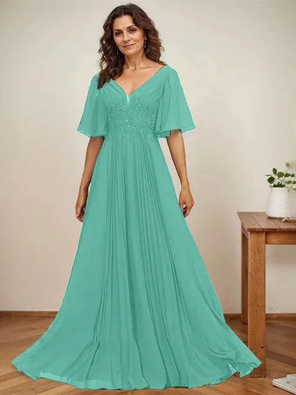 A-line V-Neck Floor-Length Chiffon Mother of the Bride Dress With Sequins Appliques Lace Pleated by Dreamylily