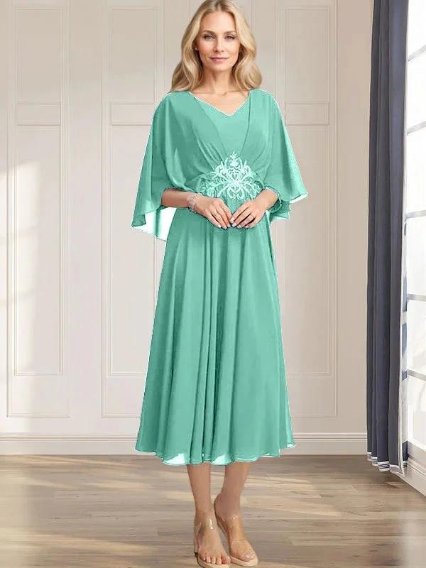 A-line V-Neck Tea-Length Chiffon Mother of the Bride Dress With Pleated Sequins Appliques Lace Beadind by Dreamylily