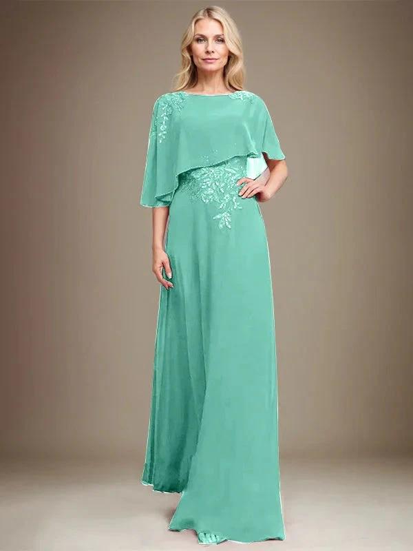 A-line Scoop Floor-Length Chiffon Lace Mother of the Bride Dress With Sequins Beading by Dreamylily