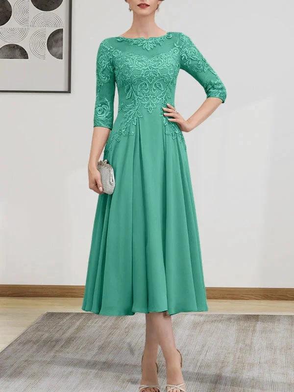 A-line Scoop Illusion Tea-Length Chiffon Lace Mother of the Bride Dress With Beading Sequins by Dreamylily