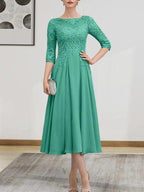 A-line Scoop Illusion Tea-Length Chiffon Lace Mother of the Bride Dress With Beading Sequins by Dreamylily