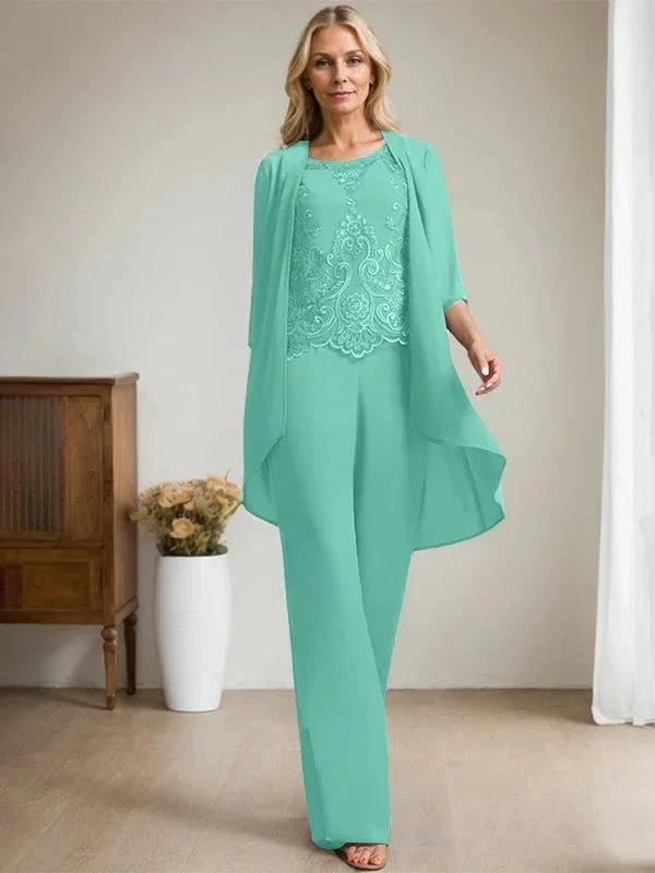 Separates Jumpsuit/Pantsuit Scoop Floor-Length Chiffon Lace Mother of the Bride Dress With Beading Sequins by Dreamylily