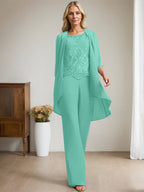 Separates Jumpsuit/Pantsuit Scoop Floor-Length Chiffon Lace Mother of the Bride Dress With Beading Sequins