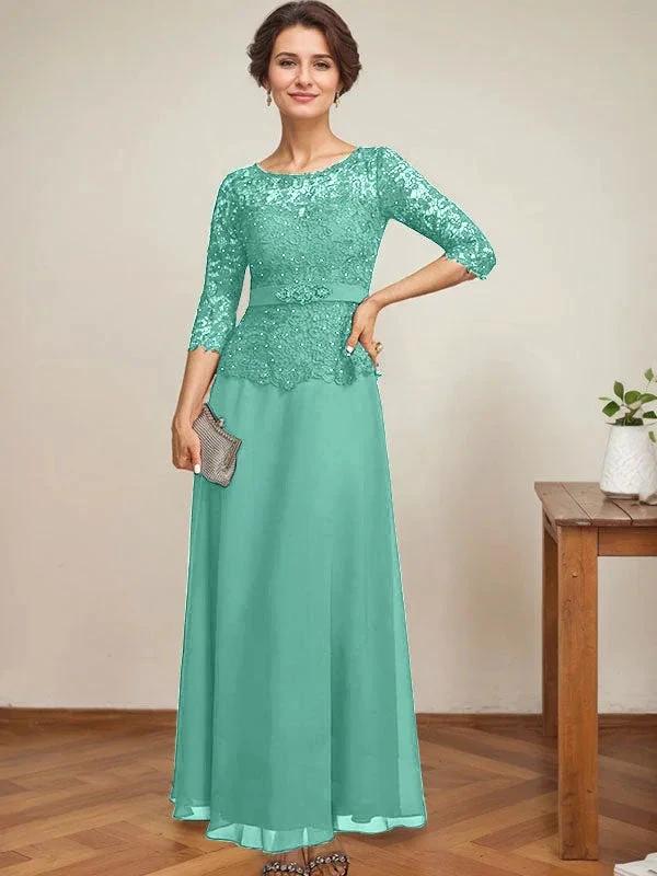 A-line Scoop Illusion Ankle-Length Chiffon Lace Mother of the Bride Dress With Rhinestone Beading by Dreamylily