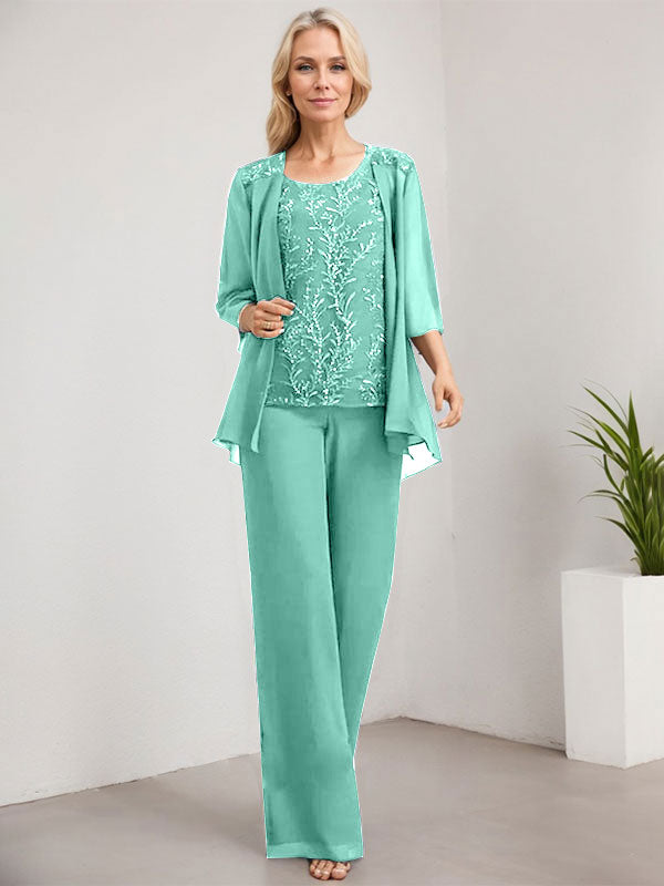 Separates Jumpsuit/Pantsuit Scoop Floor-Length Lace Chiffon Mother of the Bride Dress With Sequins
