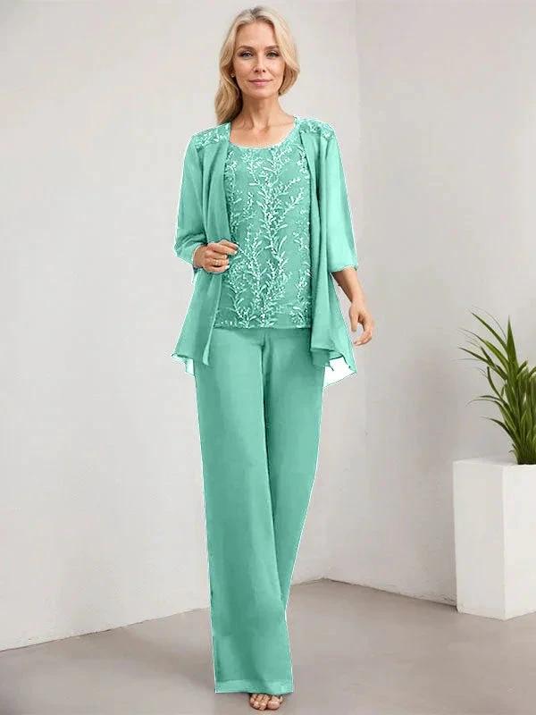 Separates Jumpsuit/Pantsuit Scoop Floor-Length Lace Chiffon Mother of the Bride Dress With Sequins by Dreamylily