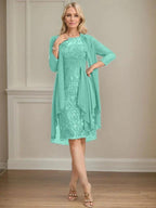 Sheath/Column Scoop Illusion Knee-Length Lace Chiffon Mother of the Bride Dress With Cascading Ruffles Sequins by Dreamylily