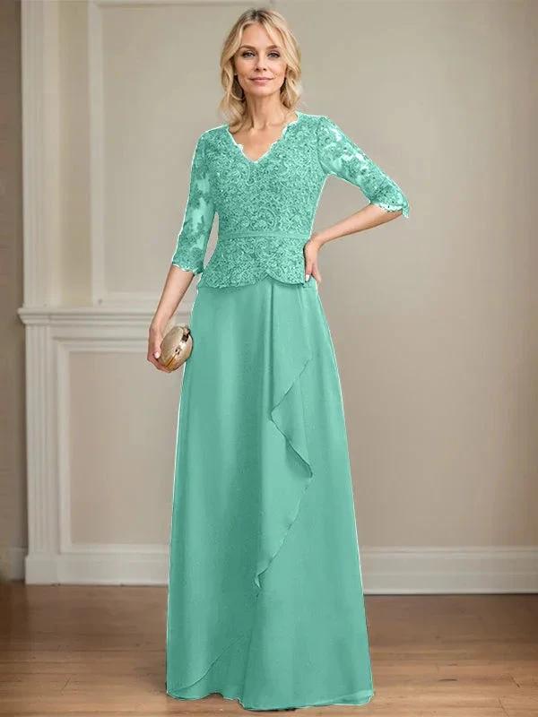 A-line V-Neck Floor-Length Lace Chiffon Mother of the Bride Dress With Cascading Ruffles Sequins by Dreamylily