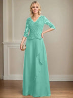 A-line V-Neck Floor-Length Lace Chiffon Mother of the Bride Dress With Cascading Ruffles Sequins by Dreamylily