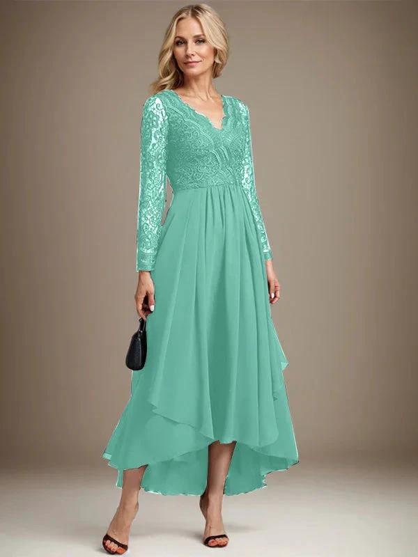 A-line V-Neck Asymmetrical Lace Chiffon Mother of the Bride Dress by Dreamylily
