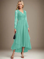 A-line V-Neck Asymmetrical Lace Chiffon Mother of the Bride Dress by Dreamylily