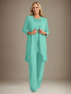 Chiffon Scoop Long Sleeves Mother Of The Bride Pantsuits With Jacket by Dreamylily