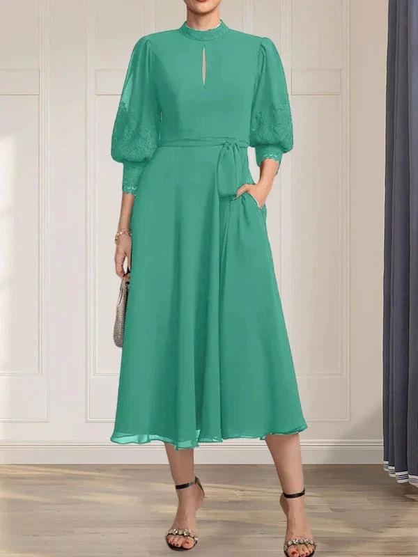 A-line High Neck Tea-Length Lace Chiffon Mother of the Bride Dress With Bow by Dreamylily