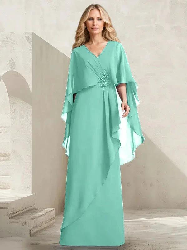 A-line V-Neck Floor-Length Chiffon Mother of the Bride Dress With Cascading Ruffles Beading by Dreamylily