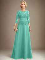 A-line Scoop Illusion Floor-Length Chiffon Lace Mother of the Bride Dress With Pleated Sequins Beading by Dreamylily