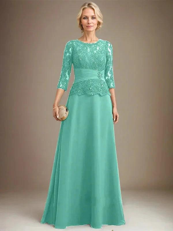 A-line Scoop Illusion Floor-Length Chiffon Lace Mother of the Bride Dress With Pleated Sequins Beading by Dreamylily