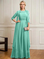 A-line Scoop Illusion Floor-Length Lace Chiffon Mother of the Bride Dress With Pleated by Dreamylily