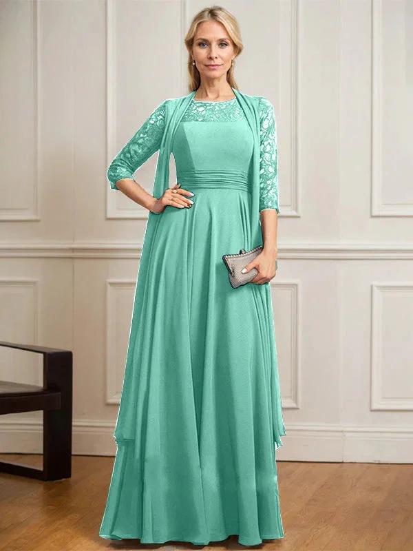 A-line Scoop Illusion Floor-Length Lace Chiffon Mother of the Bride Dress With Pleated by Dreamylily