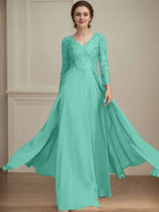 A-line V-Neck Floor-Length Lace Chiffon Mother of the Bride Dress With Sequins by Dreamylily