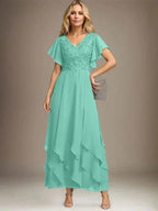 A-line V-Neck Ankle-Length Lace Chiffon Mother of the Bride Dress With Cascading Ruffles by Dreamylily