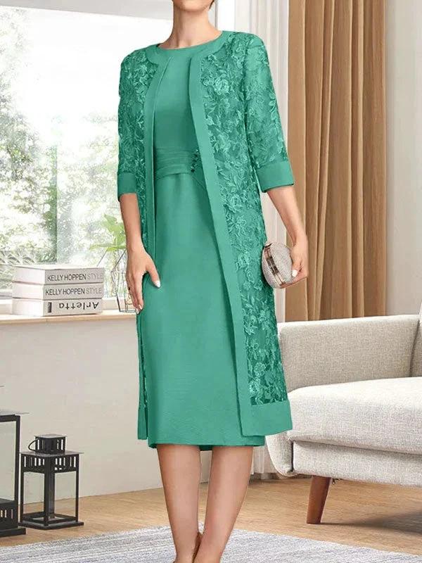 Sheath/Column Scoop Knee-Length Chiffon Mother of the Bride Dress With Pleated Sequins by Dreamylily
