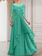 A-line Scoop Illusion Floor-Length Lace Chiffon Mother of the Bride Dress With Cascading Ruffles by Dreamylily