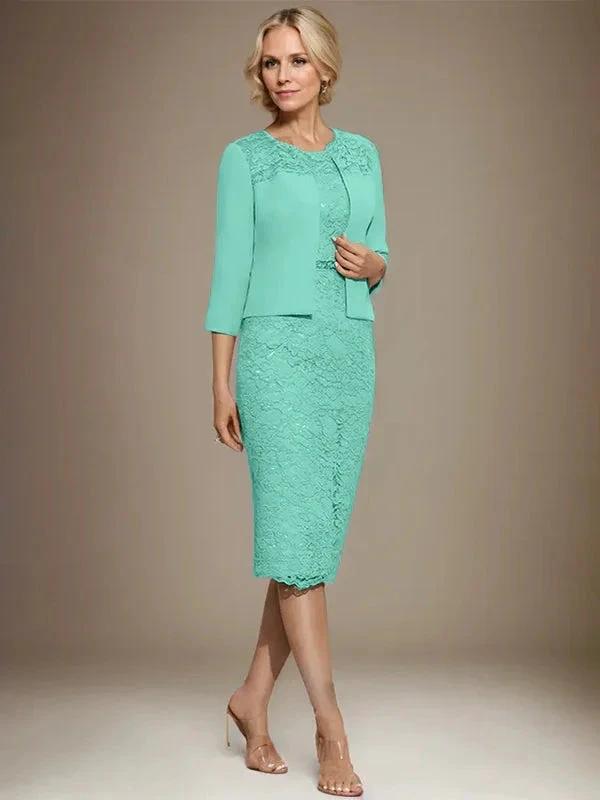 Sheath/Column Scoop Knee-Length Chiffon Lace Mother of the Bride Dress With Beading by Dreamylily
