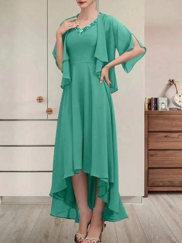 A-line V-Neck Asymmetrical Chiffon Mother of the Bride Dress With Beading Sequins by Dreamylily