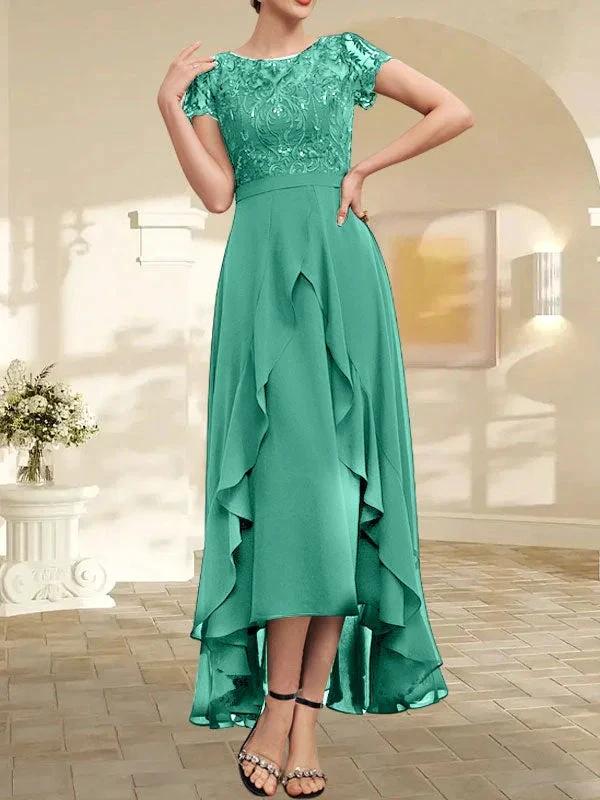 A-line Scoop Illusion Asymmetrical Chiffon Lace Mother of the Bride Dress With Bow Ruffle Sequins by Dreamylily