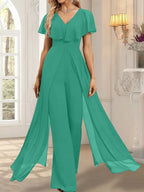 Jumpsuit/Pantsuit V-Neck Floor-Length Chiffon Evening Dress