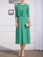A-line Scoop Tea-Length Chiffon Mother of the Bride Dress With Pleated by Dreamylily