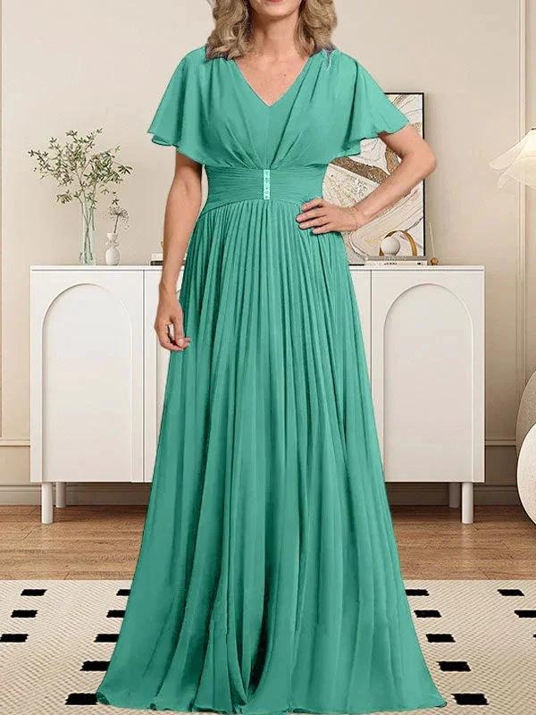 A-line V-Neck Floor-Length Chiffon Mother of the Bride Dress With Crystal Brooch Pleated by Dreamylily