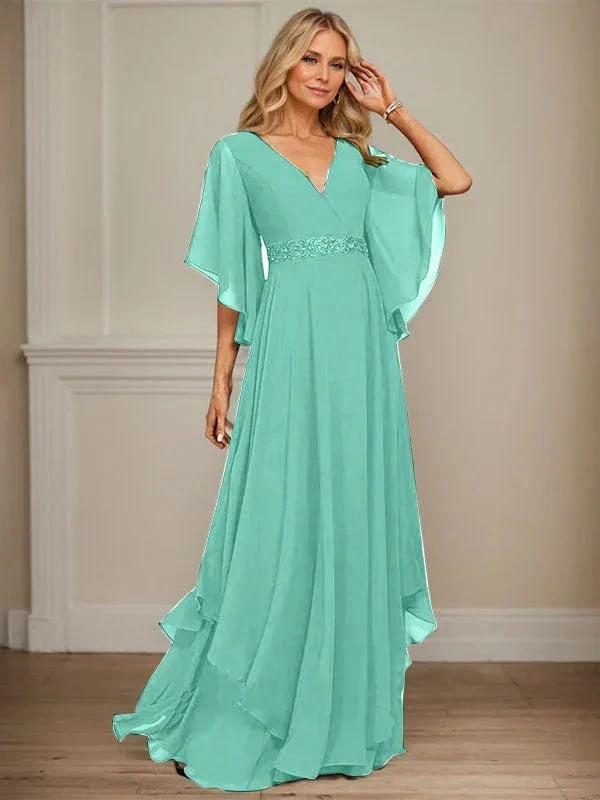 A-line V-Neck Floor-Length Chiffon Mother of the Bride Dress With Sequins Appliques Lace Beading by Dreamylily