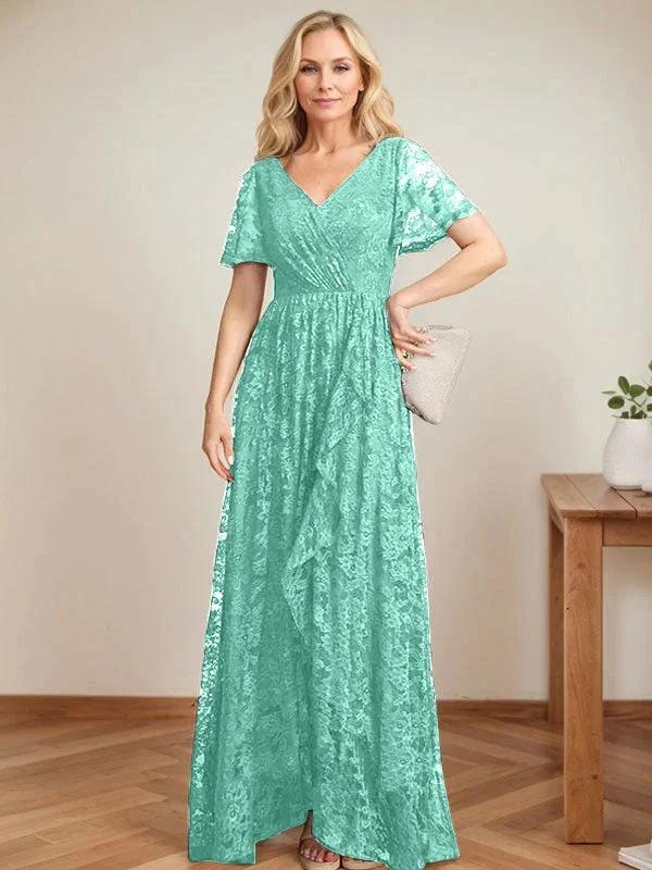 A-Line V-Neck Asymmetrical Lace Mother of the Bride Dress With Cascading Ruffles by Dreamylily