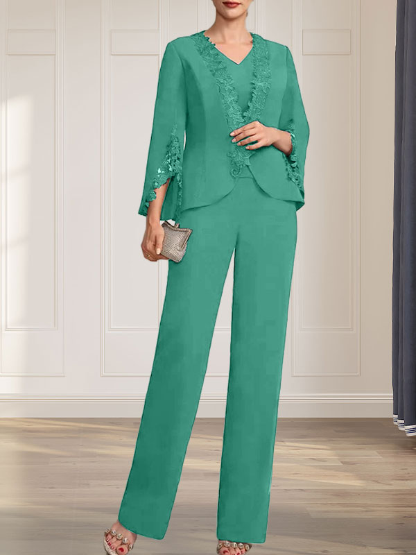 Separates Jumpsuit/Pantsuit V-Neck Floor-Length Chiffon Mother of the Bride Dress