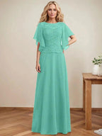 A-line Scoop Illusion Floor-Length Lace Chiffon Mother of the Bride Dress With Sequins by Dreamylily