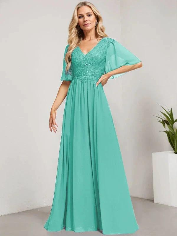 A-line V-Neck Floor-Length Lace Chiffon Mother of the Bride Dress With Sequins by Dreamylily