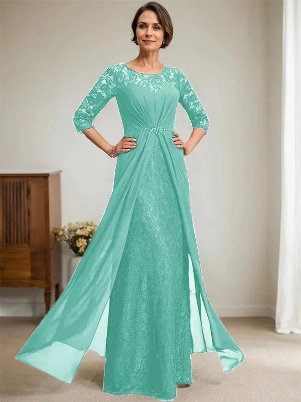 A-Line Scoop Illusion Floor-Length Lace Chiffon Mother Of the Bride Dress With Beading Ruffles by Dreamylily
