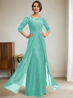 A-Line Scoop Illusion Floor-Length Lace Chiffon Mother Of the Bride Dress With Beading Ruffles by Dreamylily