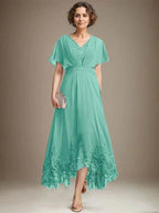 A-line V-Neck Asymmetrical Lace Chiffon Mother of the Bride Dress With Pleated by Dreamylily