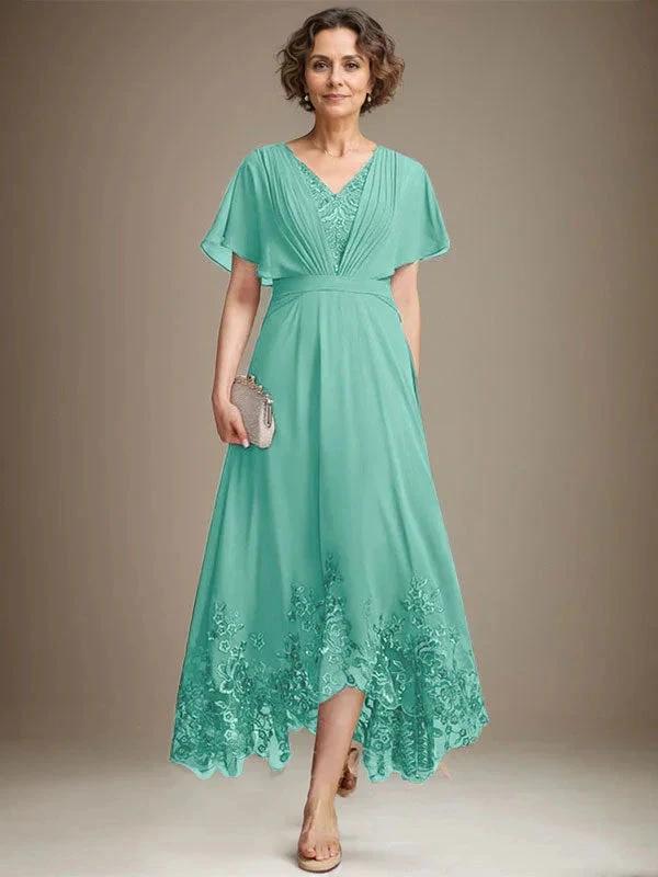 A-line V-Neck Asymmetrical Lace Chiffon Mother of the Bride Dress With Pleated by Dreamylily