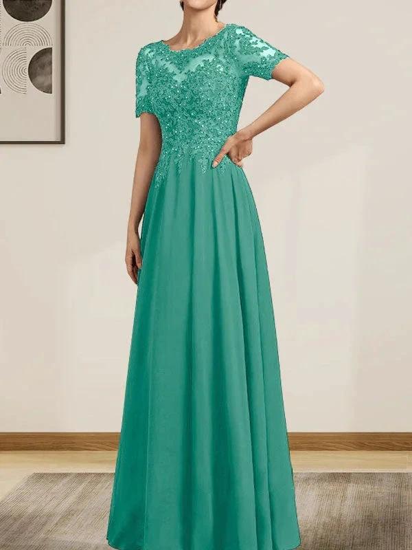 A-line Scoop Illusion Floor-Length Chiffon Lace Mother of the Bride Dress With Sequins Beading by Dreamylily