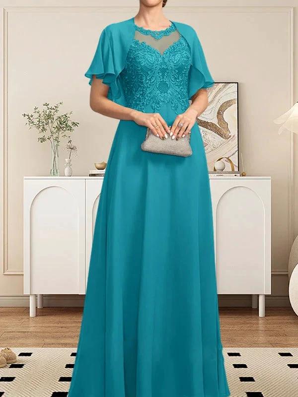 A-line Scoop Illusion Floor-Length Lace Chiffon Mother of the Bride Dress With Sequins by Dreamylily