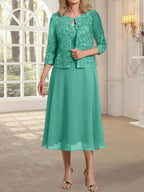 A-line Scoop Tea-Length Lace Chiffon Mother of the Bride Dress With Sequins by Dreamylily