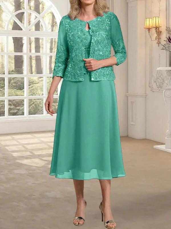 A-line Scoop Tea-Length Lace Chiffon Mother of the Bride Dress With Sequins by Dreamylily