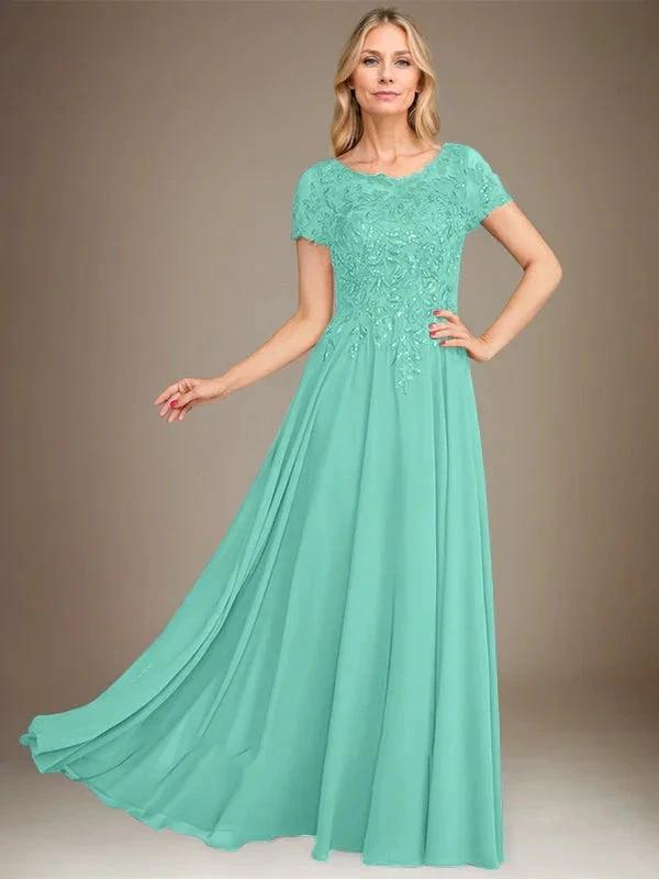 A-Line Scoop Floor-Length Chiffon Mother of the Bride Dress With Applique & Sequins by Dreamylily